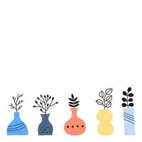 Poster with doodle wild plants, herbs, twigs, berries in vases. vector