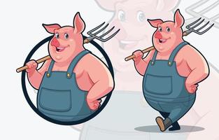 Mascot Design of a Pig Farmer Carrying Pitchfork on Shoulder vector