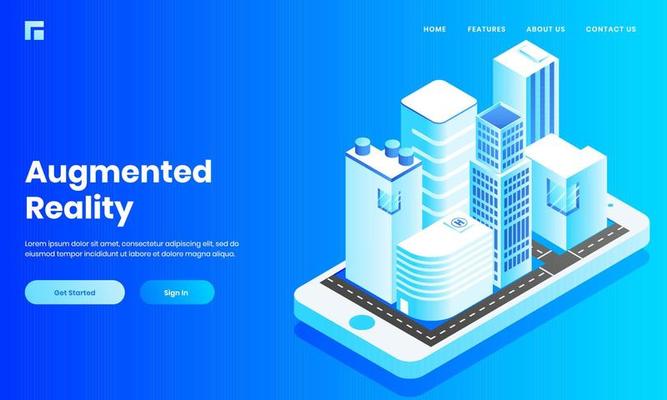 Isometric view of construction building, home and hospital like as mobile app in smartphone for Augmented Reality website poster or landing page design.