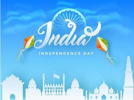 cartel o pancarta de celebración del día de la independencia india con silueta de famoso monumento histórico. vector