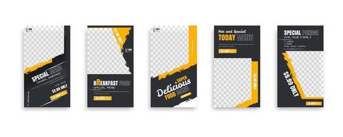 conjunto de historias de publicaciones de alimentos. diseño de plantilla de banner de redes sociales. diseño creativo, fácil uso para promociones de su producto. Cuento de comida para la promoción de tu restaurante. vector