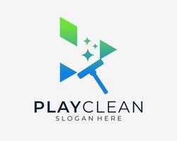 Play Button Video Music Cleaner Clean Wash Cleaning Wipe Service Shine Sparkle Vector Logo Design