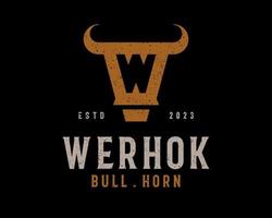 Vintage Retro Classic Head Bull Horn Strong Grunge Rustic with Letter W Abstract Vector Logo Design