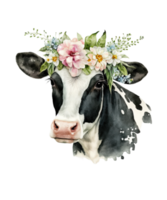 Watercolor cow and Flower on head png