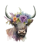 Watercolor cow and Flower on head png