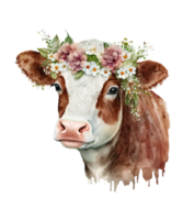vache aquarelle et fleur sur la tête png