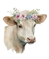 vaca acuarela y flor en la cabeza png