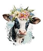 vaca acuarela y flor en la cabeza png