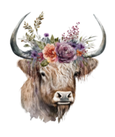 Watercolor cow and Flower on head png