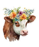 Watercolor cow and Flower on head png