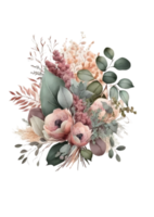composición de ramo floral acuarela con rosas y eucalipto png