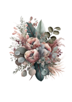 waterverf bloemen boeket samenstelling met rozen en eucalyptus png