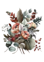 composición de ramo floral acuarela con rosas y eucalipto png