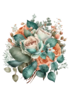 composição de buquê floral em aquarela com rosas e eucalipto png