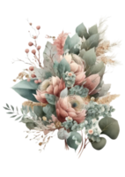 Watercolor floral bouquet composition with roses and eucalyptus png