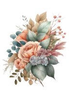 Watercolor floral bouquet composition with roses and eucalyptus png