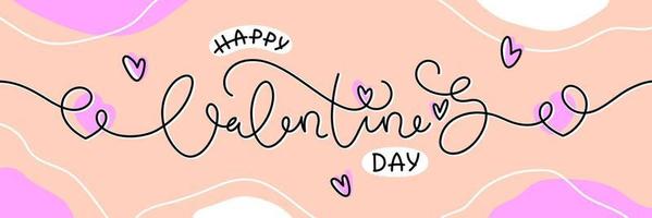 Romantic Valentines day one line background with hand lettering, hearts and calligraphic elements. Valentines banner for web page, social media, cards, posters, flyers. Vector illustration.