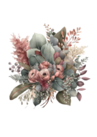 Watercolor floral bouquet composition with roses and eucalyptus png