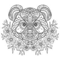 Panda and flower hand drawn for adult coloring book vector