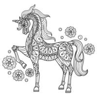 unicornio y flor dibujados a mano para libro de colorear para adultos vector