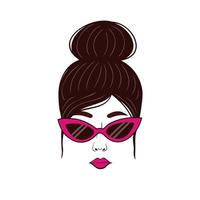 Girl with hair bun and pink sunglasses. Illustration for printing, backgrounds and packaging. Image can be used for greeting cards, posters, stickers and textile. Isolated on white background. vector