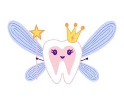 hada de los dientes con corona y sosteniendo una varita mágica estrella. ilustración para fondos, portadas y empaques. la imagen se puede utilizar para tarjetas de felicitación, afiches y pegatinas. aislado sobre fondo blanco. vector