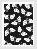 Poster with black and white moths. Vector illustration of insects. Linear drawing of night butterflies.