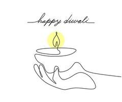 One line of candle on hand diwali isolated on white background. vector