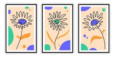 One line of abstract three floral posters isolated on white background vector