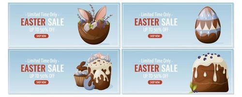 Set of Holiday Sale Flyers for Happy Easter. Festive pastries, bunny ears, painted eggs, willow twigs. Vector illustration for poster, banner, website.