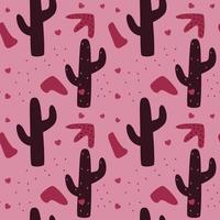 Seamless pattern with abstract cacti, shapes and dots on a pink background in a love theme. Monochrome color. Vector illustration in the style of minimalism.