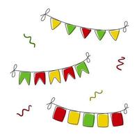 A set of garlands of flags. Vector illustration of decorations for a holiday in the style of line art. Isolated illustration of attributes for celebration on a white background.