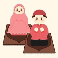linda pareja de dibujos animados musulmanes rezando y levantando dos manos para rezar en el mes de ramadán ilustración vectorial plana vector