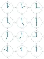 A set of mechanical clocks with an image of each of the twelve hours. Clock face on white background. vector