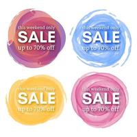 Set of Four Sale this weekend only up to 70 off sign with shadow over red watercolor spot. Vector illustration.