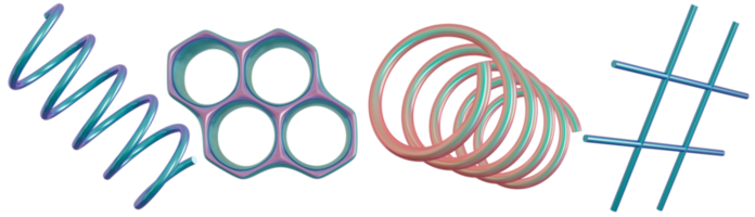 Reihe von geometrischen 3D-Formen, auf transparentem Hintergrund. metallische holografische Farbe. trendige und futuristische designelemente. schillernde Objekte. 3D-Rendering. png