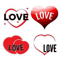 Set of four red hearts on a white background with inscription Love. Vector illustration.