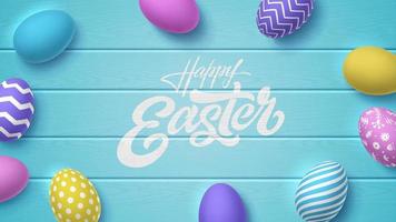 Lettering HAPPY EASTER with 3D painted eggs on blue background. Bright vector greeting card with typography and decorated egg. Colorful illustration, wallpaper for Christian holiday.
