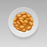 Plate with almonds on white isolated background. Realistic vector 3d illustration. Top view. Vector template for pack design, labels, illustration. EPS 10.