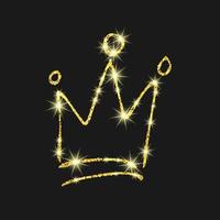 Gold glitter hand drawn crown. Simple graffiti sketch queen or king crown. Royal imperial coronation and monarch symbol isolated on dark background. Vector illustration.