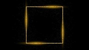 Golden square frame with glitter, sparkles and flares on dark background. Empty luxury backdrop. Vector illustration.