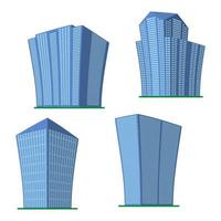 Set of four modern high-rise building on a white background. View of the building from the bottom. Isometric vector illustration.