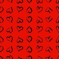 Seamless pattern with hand drawn hearts. Doodle grunge black hearts on red background. Vector illustration.