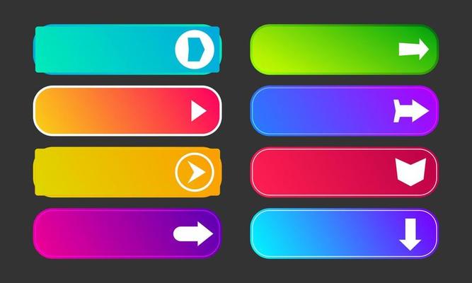 Colorful gradient buttons with arrows. Set of eight modern abstract web buttons. Vector illustration