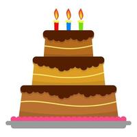 Sweet birthday cake with three burning candles. Colorful holiday dessert. Vector celebration background.