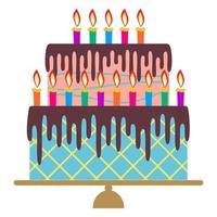 Sweet birthday cake with fifteen burning candles. Colorful holiday dessert. Vector celebration background.