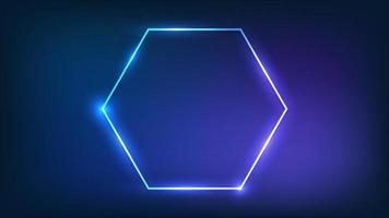 Neon hexagon frame with shining effects on dark background. Empty glowing techno backdrop. Vector illustration.