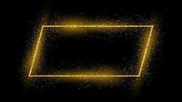 Golden frame with glitter, sparkles and flares on dark background. Empty luxury backdrop. Vector illustration.