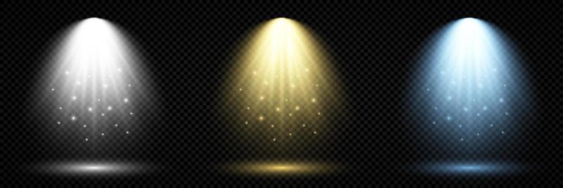 Lighting with spotlight. Set of three scene illumination effects with cold white, yellow and blue lighting on a dark transparent background. Vector illustration