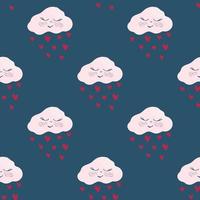 Clouds print. Vector seamless pattern with smiling sleeping clouds and hearts rain. Cute background for baby shower and Valentine's Day.